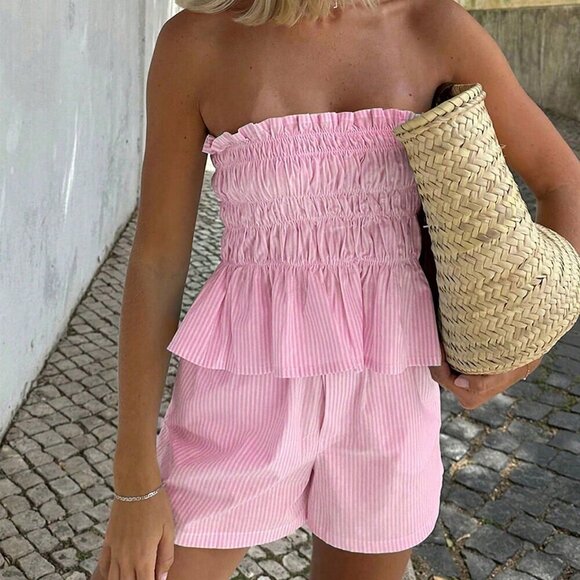 Pink Boho Womens Tropical Beach strapless Striped Bandeau Top And Shorts Set - Picture 5 of 11